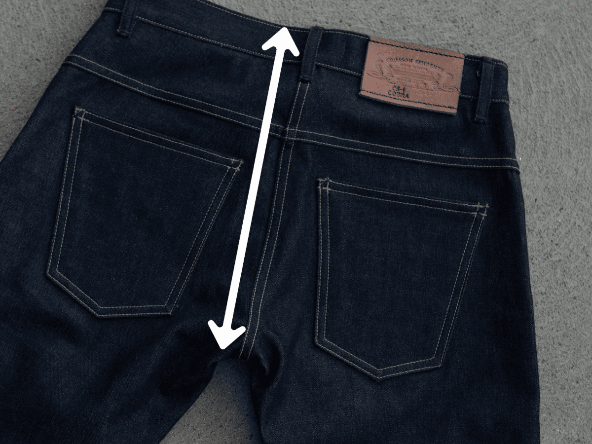 Crimson Serpents Outpost Denim Sizing Guide. Back rise measurement.