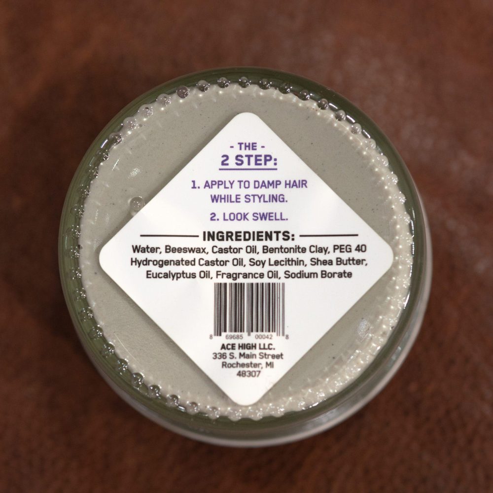 Blue Suede Clay by Ace High Co. Back of jar view.