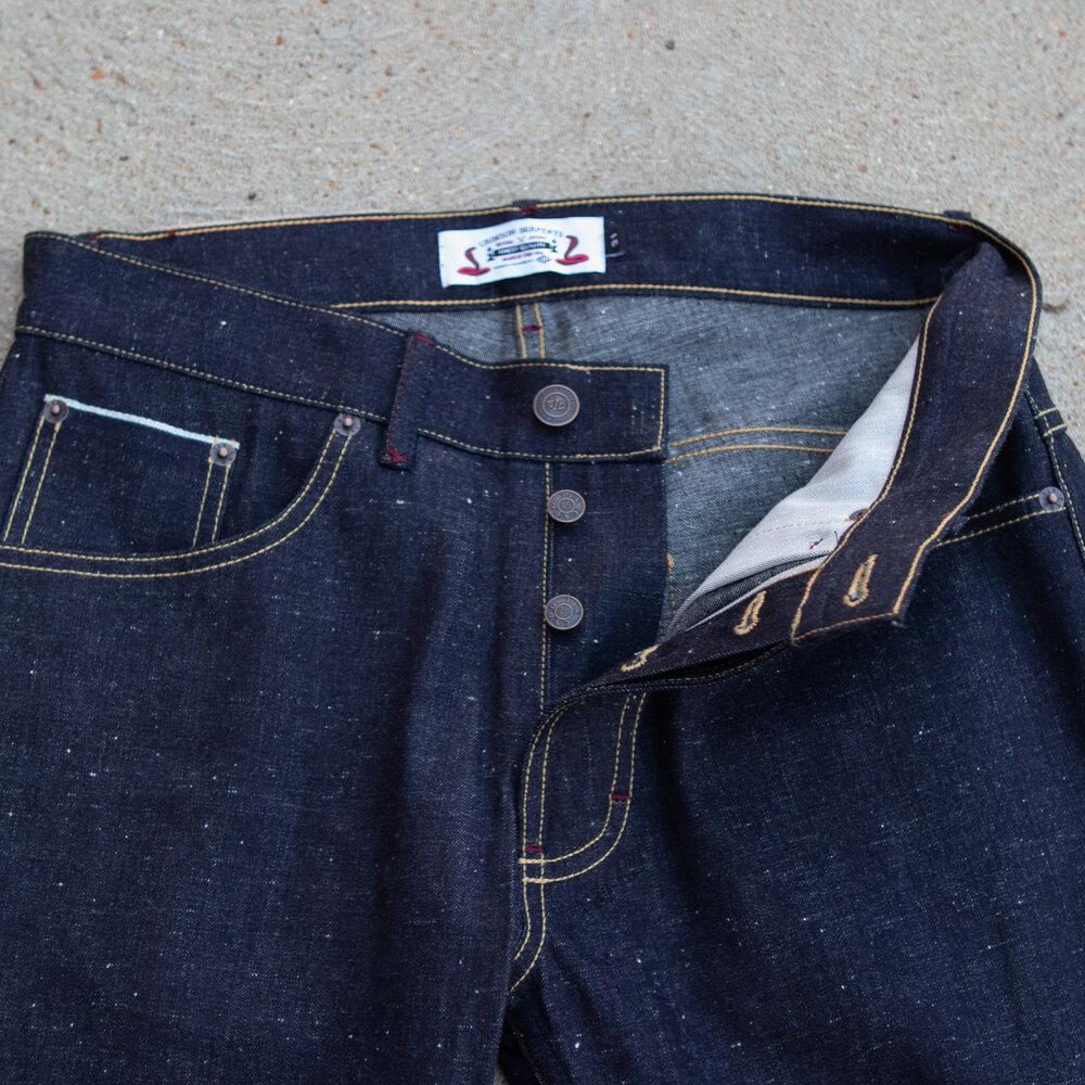 Cobra Nep Selvedge Slim Straight by Crimson Serpents Denim Goods. Button-fly view.