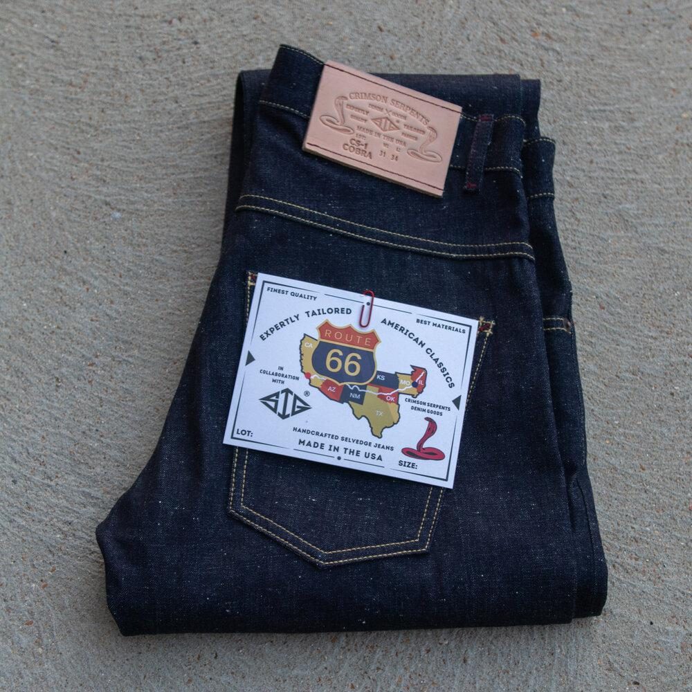 Cobra Nep Selvedge Slim Straight by Crimson Serpents Denim Goods. Folded with label view.