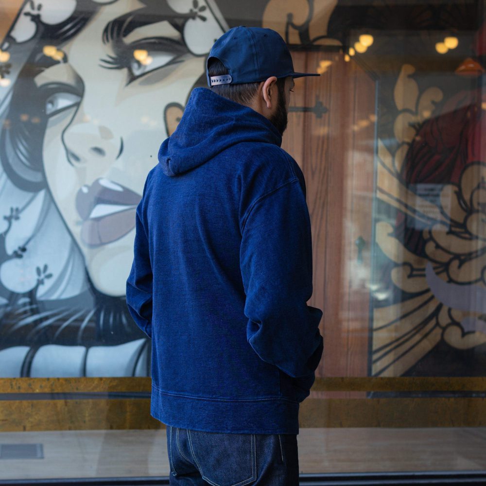 Pure Indigo Dyed Hoodie by Crimson Serpents Denim Goods. Back view.