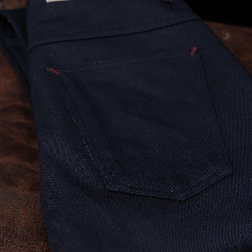 Adder Indigo Black Selvedge by Crimson Serpents Denim Goods. Back pocket view.