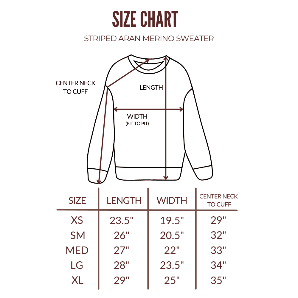 Striped Aran Merino Sweater size chart.