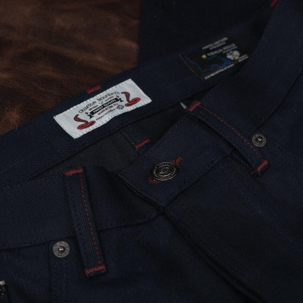 Adder Indigo Black Selvedge by Crimson Serpents Denim Goods. Belt loop view.