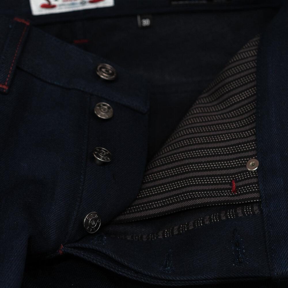 Adder Indigo Black Selvedge by Crimson Serpents Denim Goods. Button fly view.