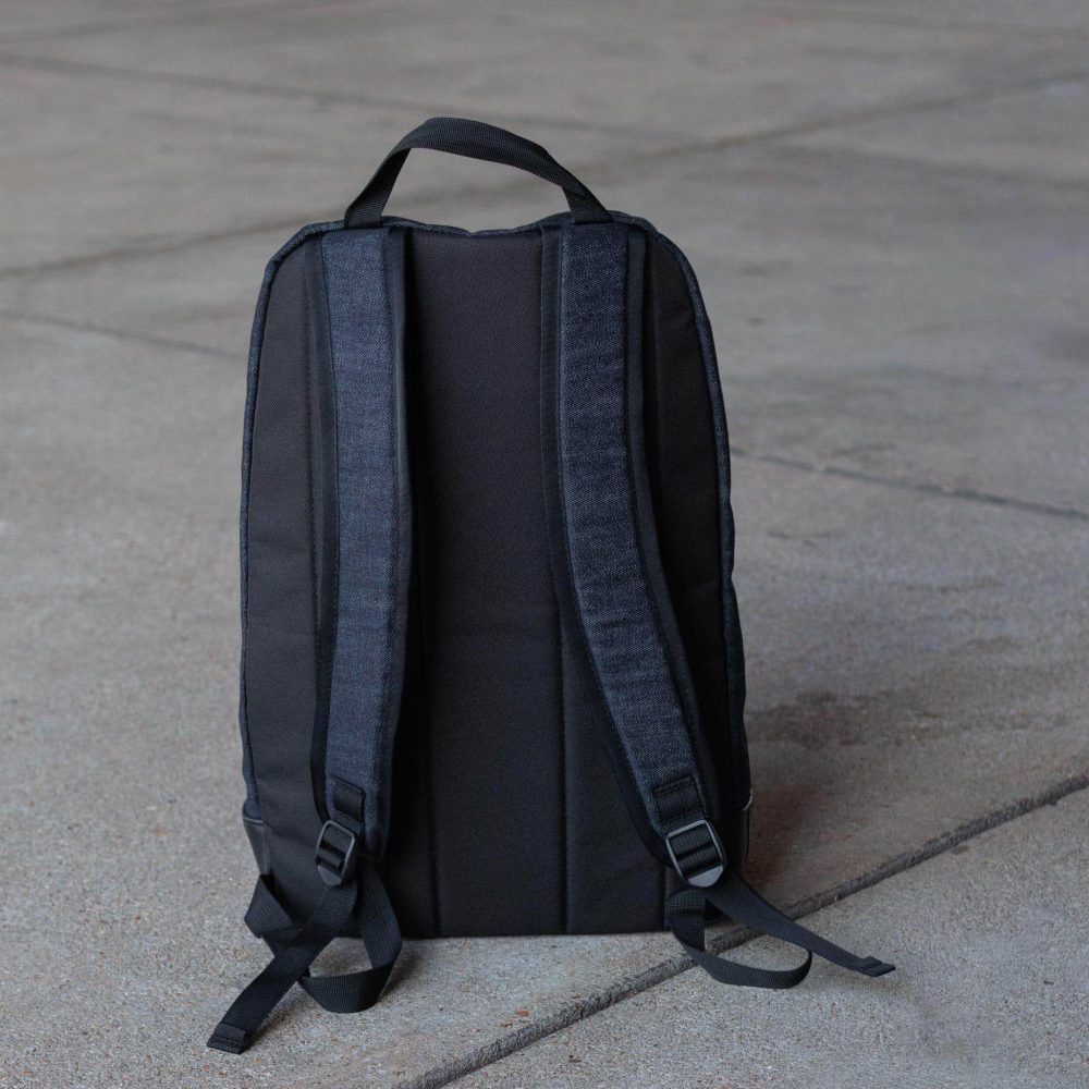 Fremont Recycled Denim Backpack by Alchemy Goods. Back view.