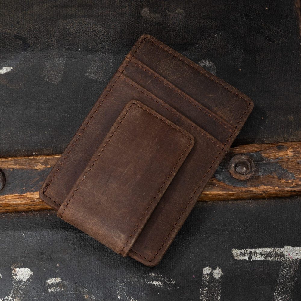 Crazy Horse Leather Wallet. Brown money clip view.