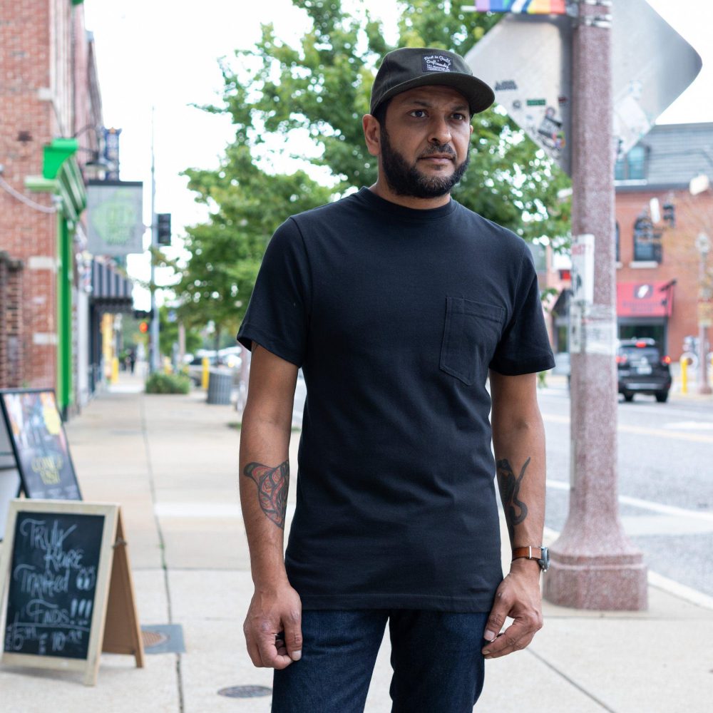 Black Tubular Pocket Tee by US Blanks. Worn view #2.