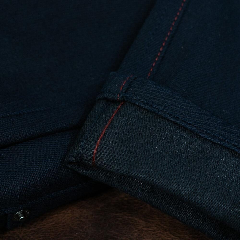 Adder Indigo Black Selvedge by Crimson Serpents Denim Goods. Flat-felled inseam view.