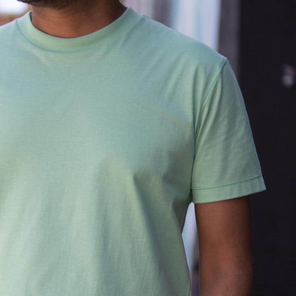 Mint Classic Organic Tee by Milo and Dexter. Close-up view.