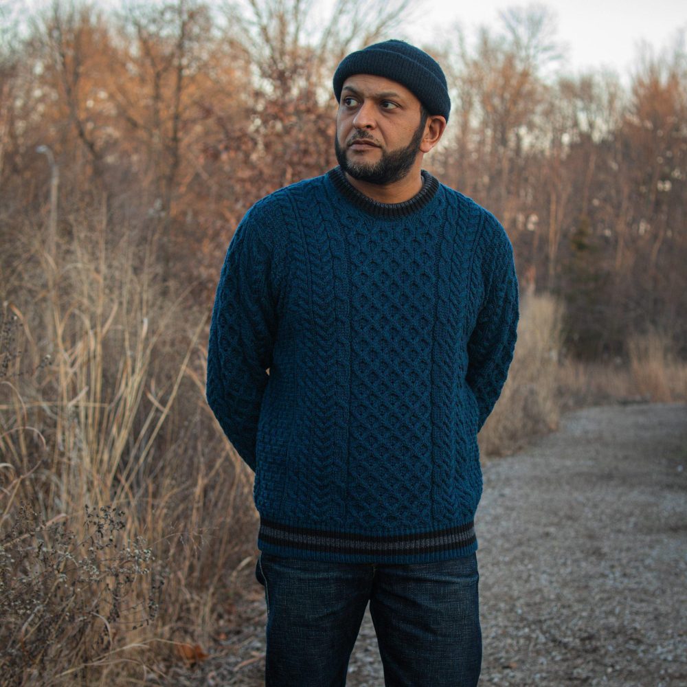 Striped Aran Teal Sweater by Aran Woollen Mills. Front view #3.