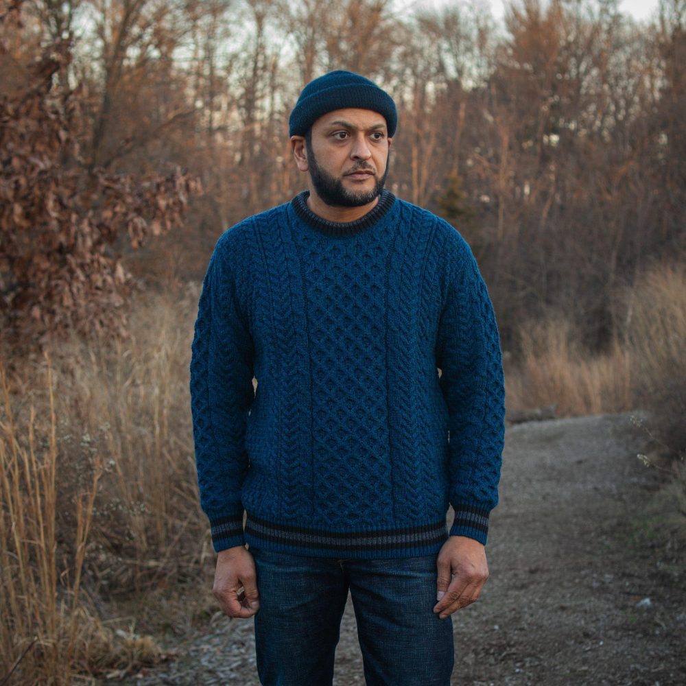 Striped Aran Teal Sweater by Aran Woollen Mills. Front view #4.