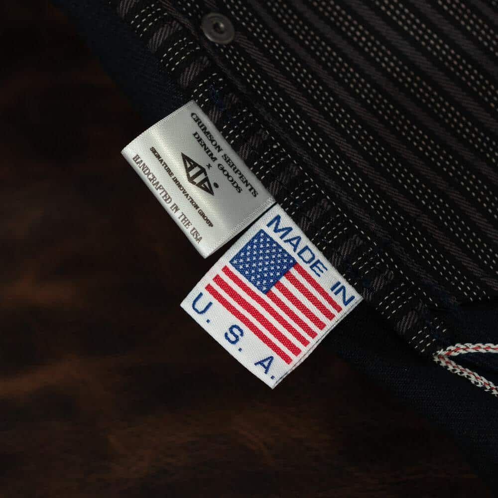 Adder Indigo Black Selvedge by Crimson Serpents Denim Goods. Inside labels view.