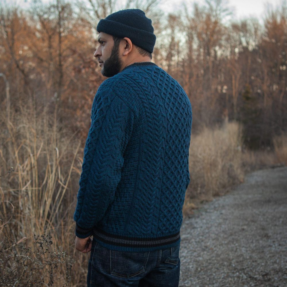 Striped Aran Teal Sweater by Aran Woollen Mills. Back view #2.