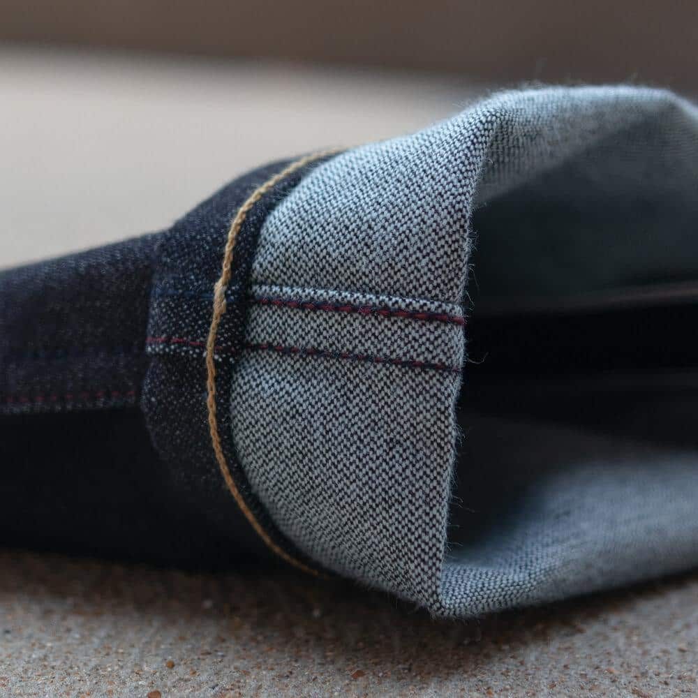 Cobra Broken Twill Selvedge Slim Straight by Crimson Serpents Denim Goods. flat-felled inseam view.