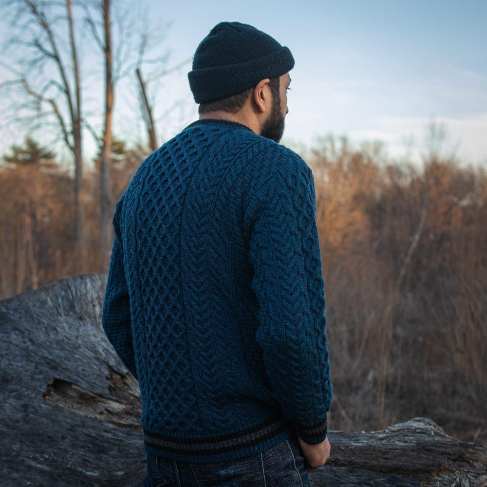 Striped Aran Teal Sweater by Aran Woollen Mills. Back view #1.
