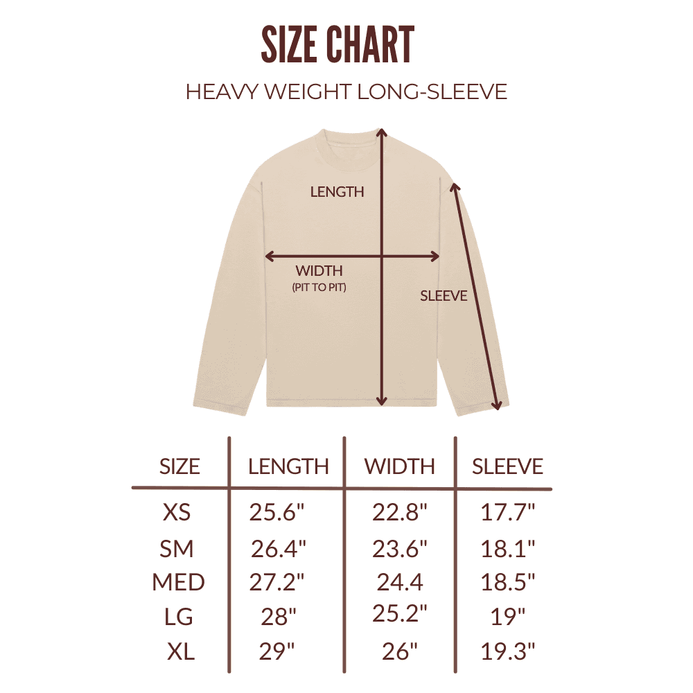 Crème Heavyweight Long Sleeve size chart.