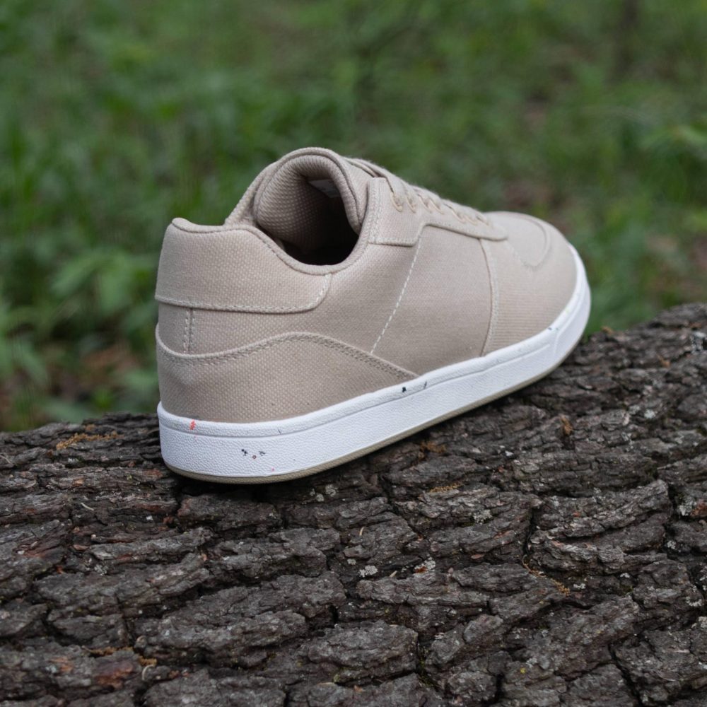 Seeker Hemp Sneaker in beige. Back view.