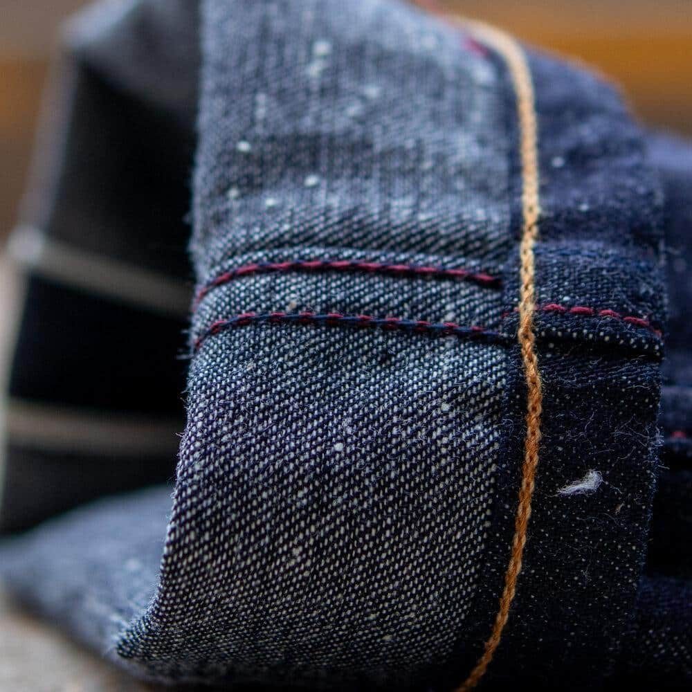 Adder Nep Selvedge Relaxed Tapered by Crimson Serpents Denim Goods. Flat-felled Inseam And Chainstitching View.