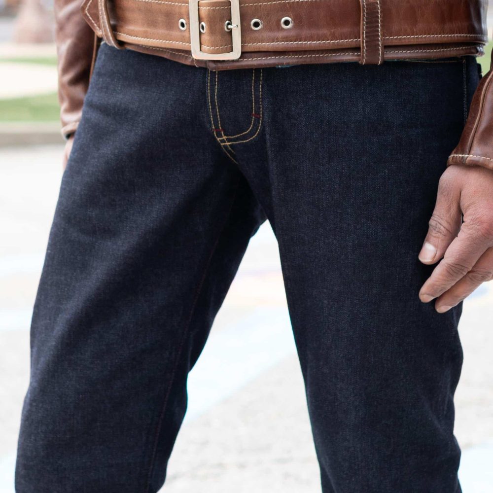 Cobra Broken Twill Selvedge Slim Straight by Crimson Serpents Denim Goods. Front worn close-up view.