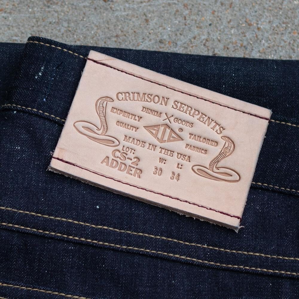Adder Nep Selvedge Relaxed Tapered by Crimson Serpents Denim Goods. Leather Patch View.