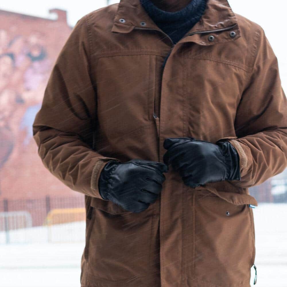 Alpaca Lined Leather Gloves in black. Worn view,