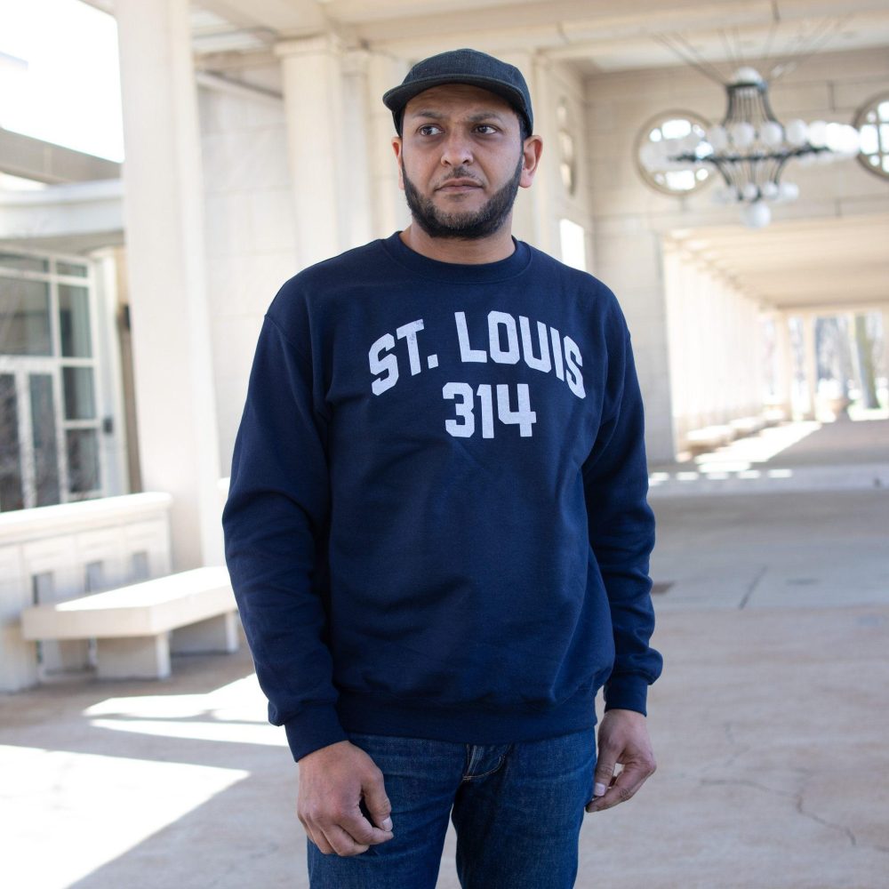 Navy STL 314 Sweatshirt. Worn view #2.