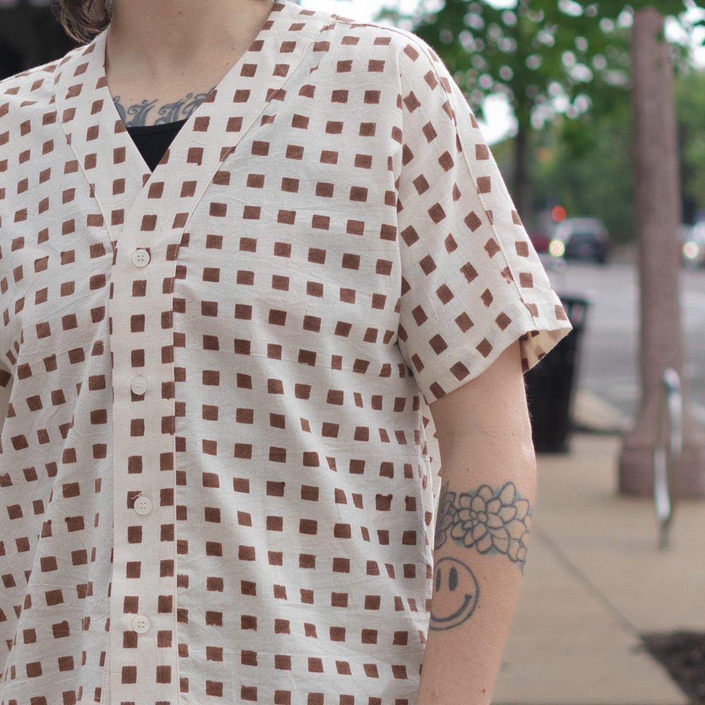 Block Print Baseball Shirt by Seeker. Block print close-up.