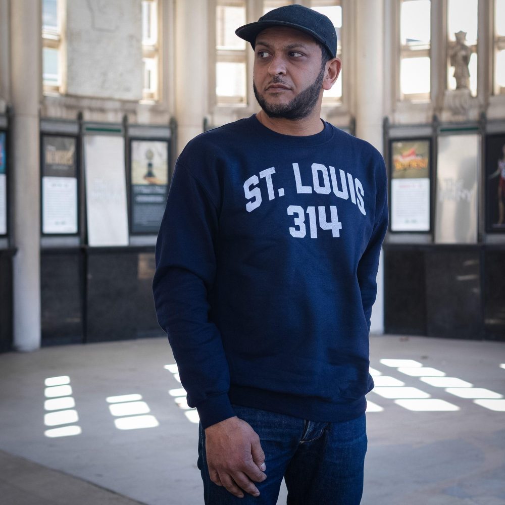 Navy STL 314 Sweatshirt. Worn view #1.
