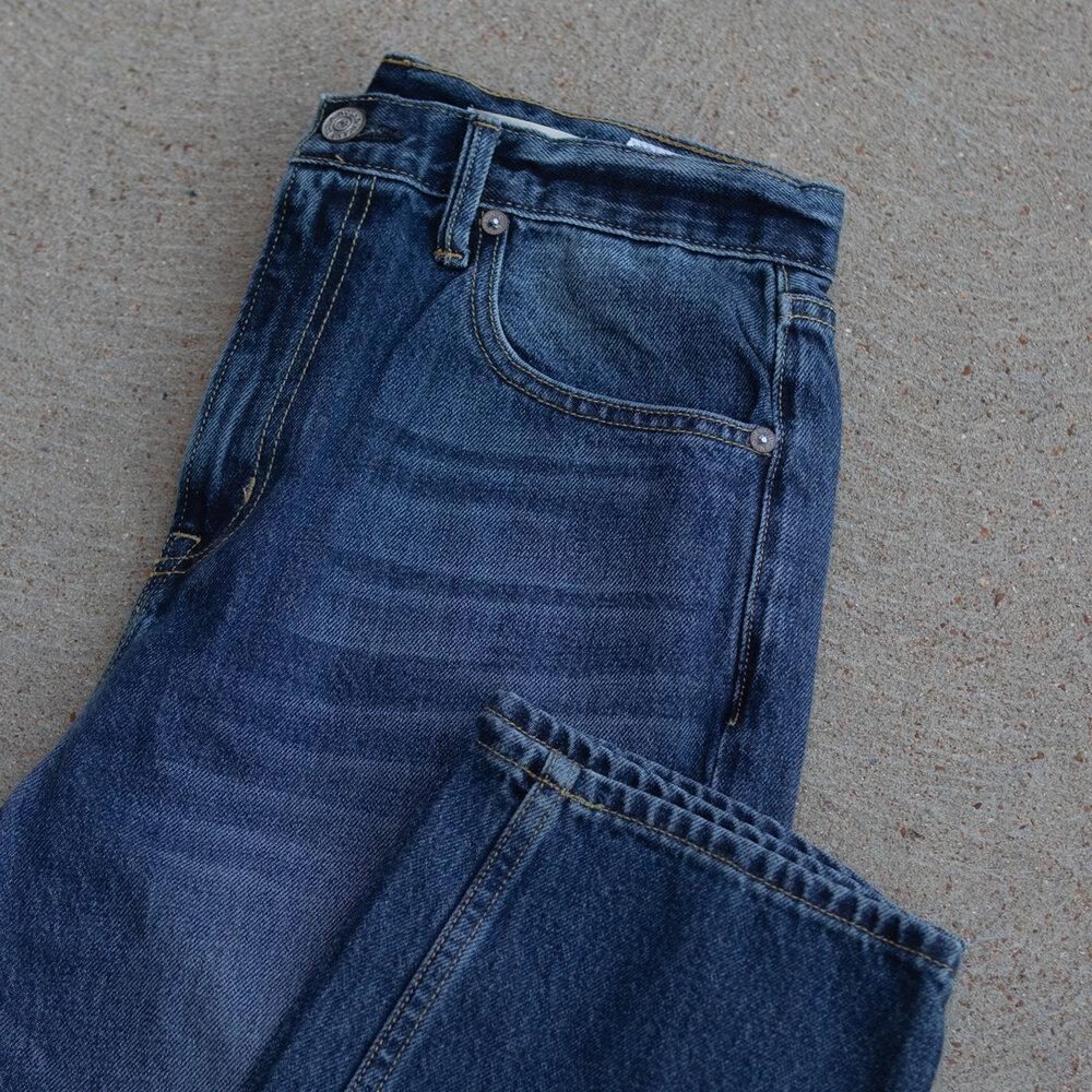 Slacker Relaxed Straight Leg by Noend Denim. Front top-block and leg opening view.