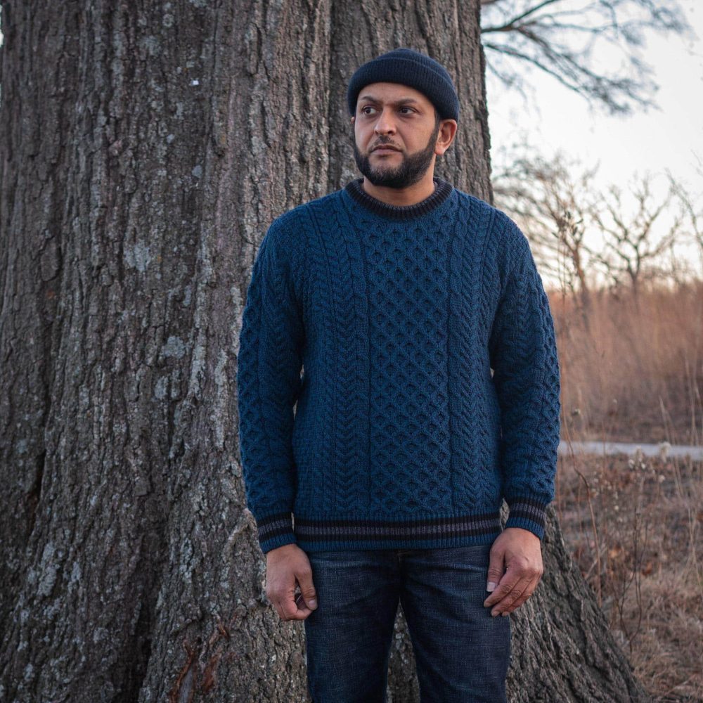 Striped Aran Teal Sweater by Aran Woollen Mills. Front view #2.