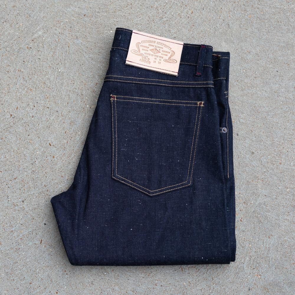 Adder Nep Selvedge Relaxed Tapered by Crimson Serpents Denim Goods. Folded view.