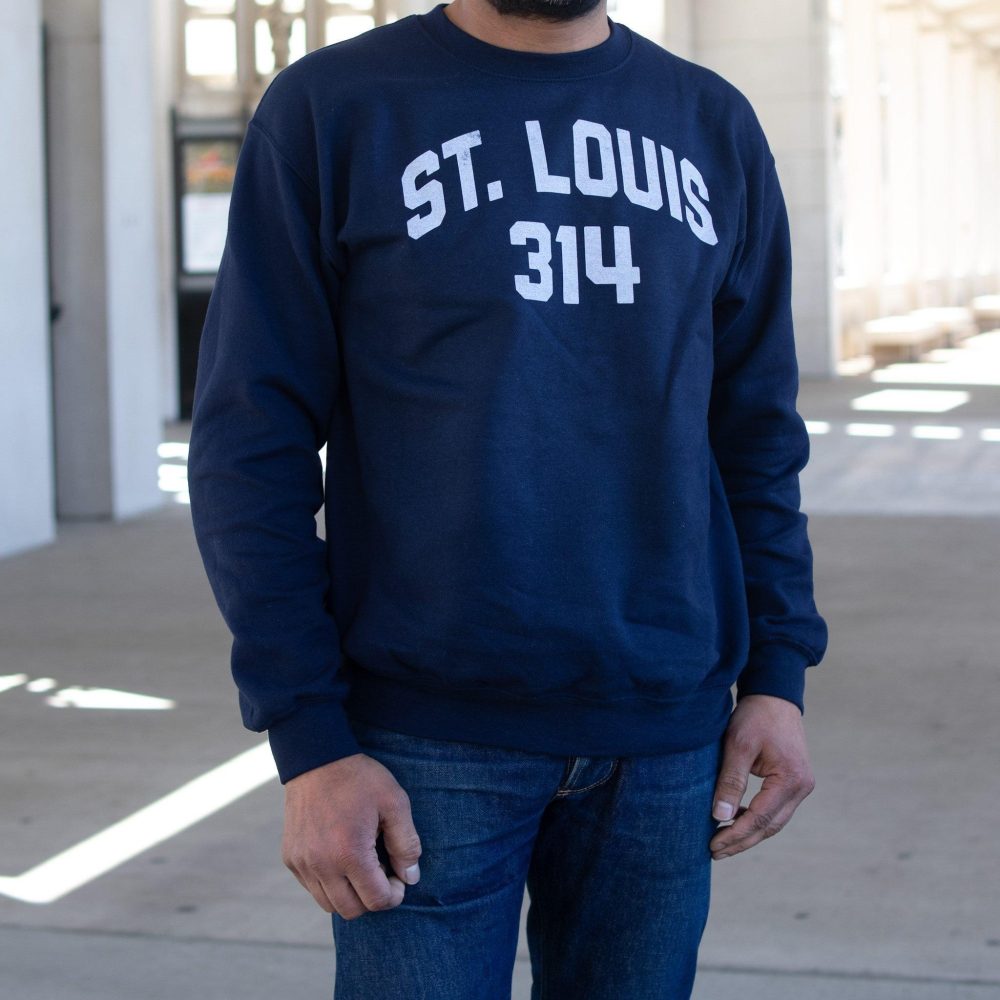 Navy STL 314 Sweatshirt. Print close-up view.
