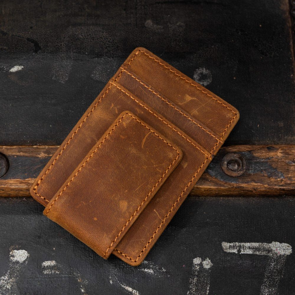 Crazy Horse Leather Wallet. Tan money clip view.