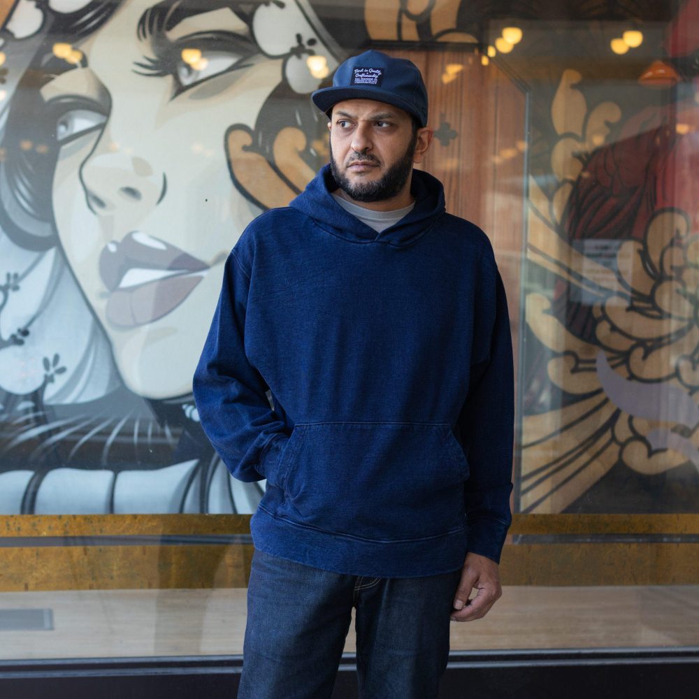 Pure Indigo Dyed Hoodie by Crimson Serpents Denim Goods. Worn view #4.