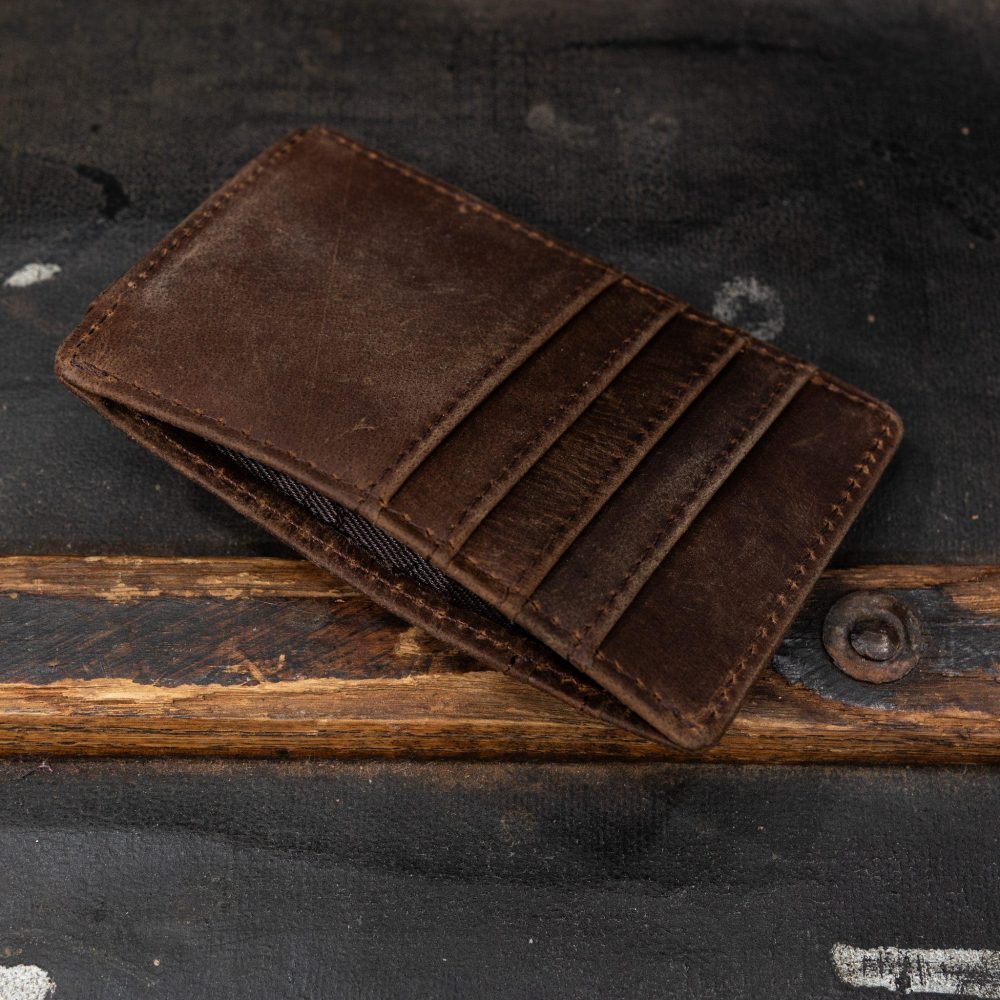 Crazy Horse Leather Wallet. Brown hidden pocket view.