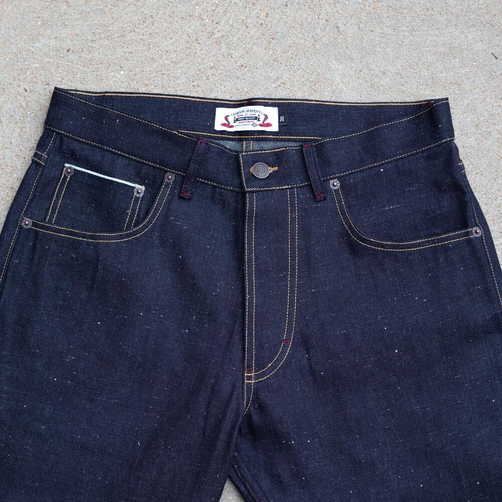 Adder Nep Selvedge Relaxed Tapered by Crimson Serpents Denim Goods. Front Top-block View.