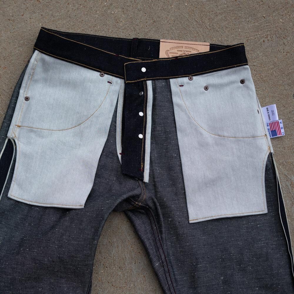Adder Nep Selvedge Relaxed Tapered by Crimson Serpents Denim Goods. Interior Top-block View.