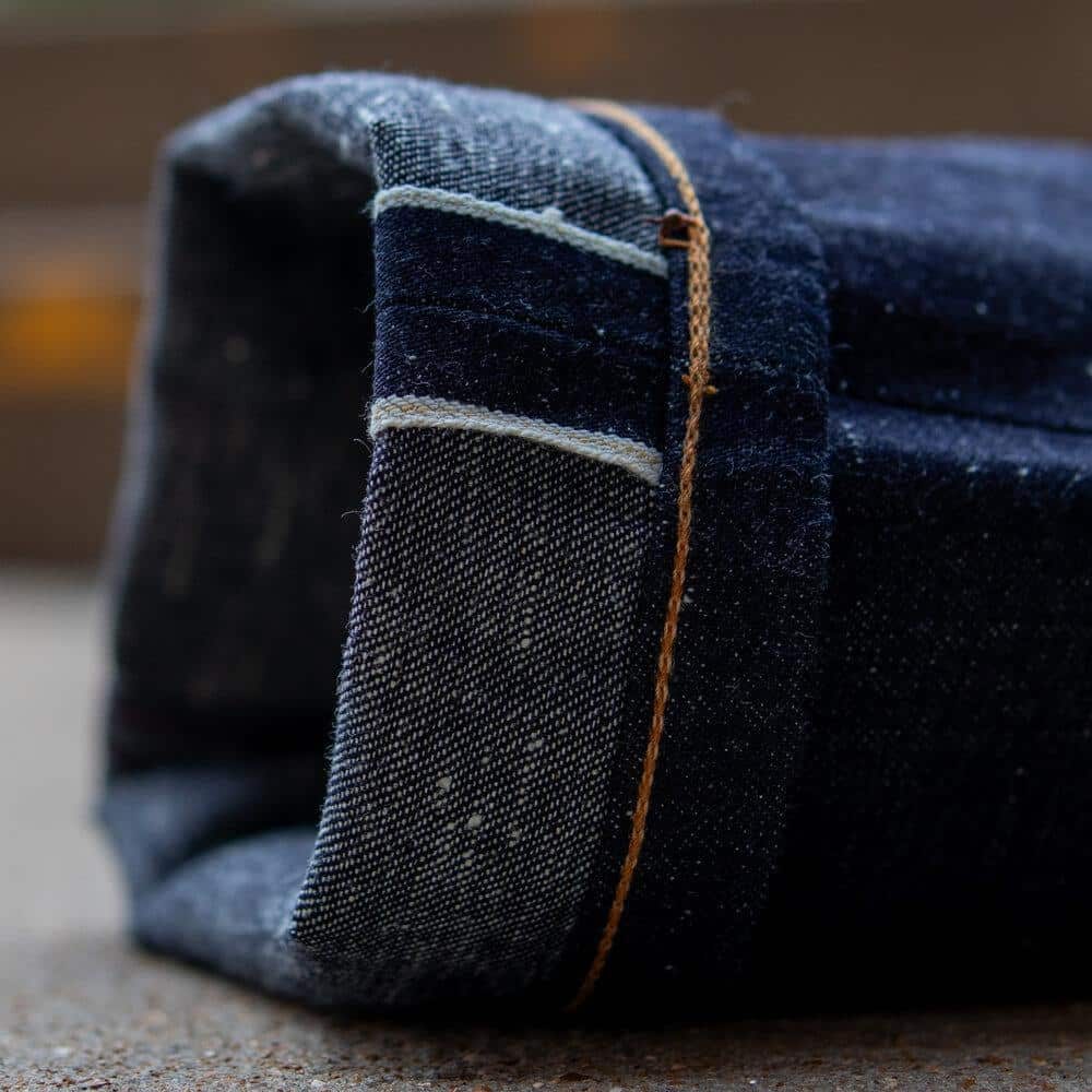 Adder Nep Selvedge Relaxed Tapered by Crimson Serpents Denim Goods. Yellow Selvedge ID And Chainstitching View.