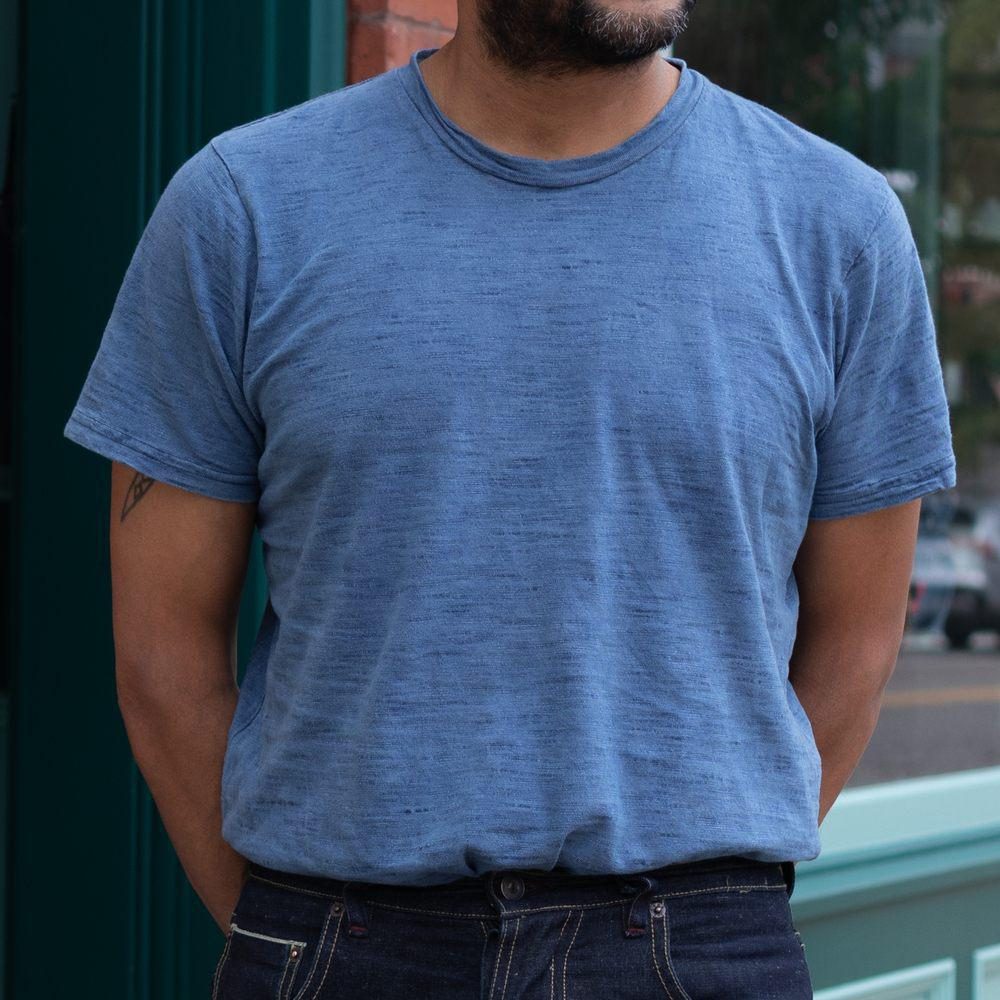 Light Indigo Slub Tee. Close-up view.