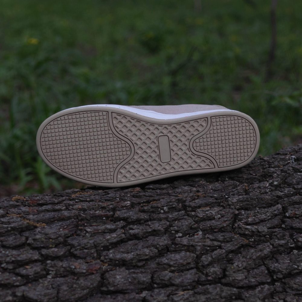 Seeker Hemp Sneaker in beige. Bottom view.