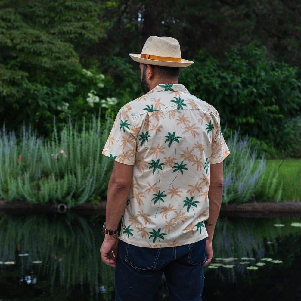 New Palm Aloha Shirt in cream by Two Palms. Back view.