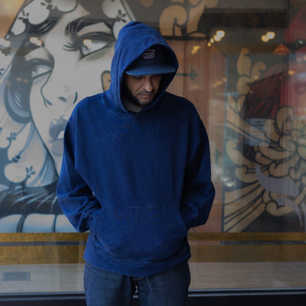 Pure Indigo Dyed Hoodie by Crimson Serpents Denim Goods. Worn view #5.