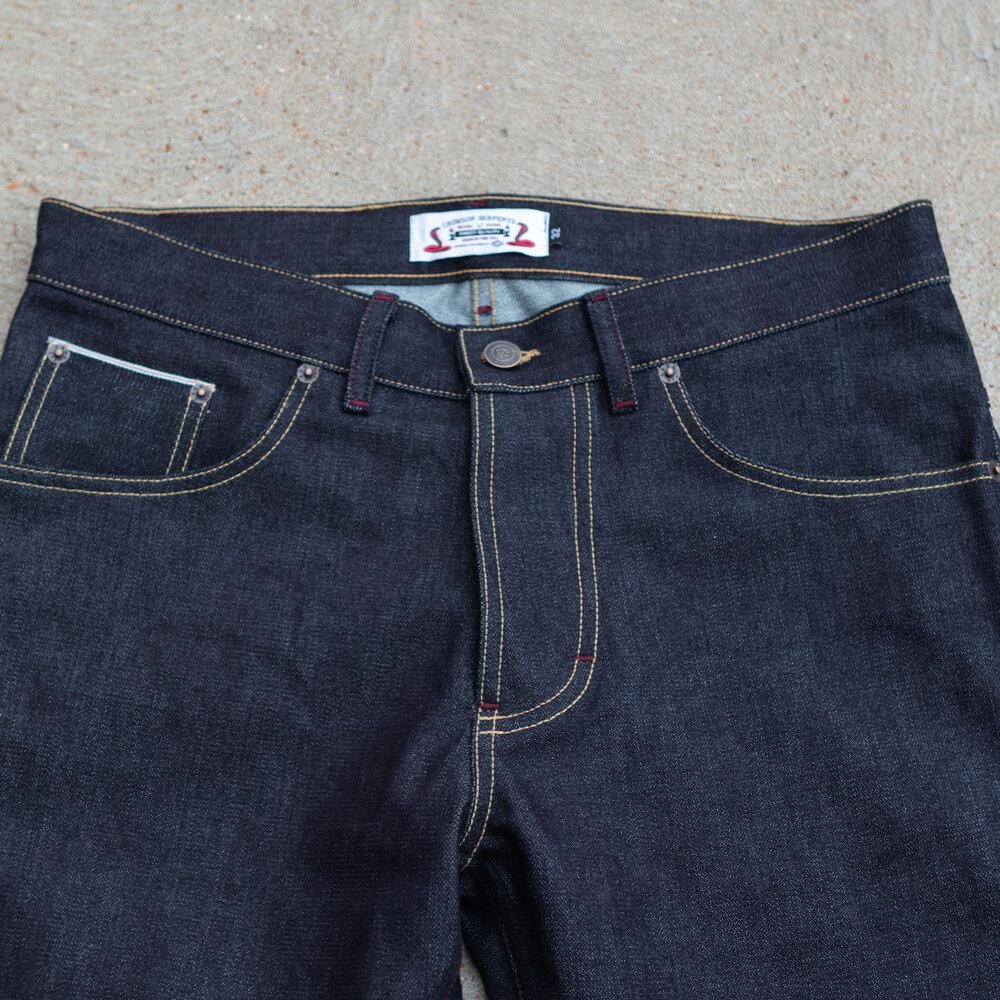 Cobra Broken Twill Selvedge Slim Straight by Crimson Serpents Denim Goods. Front top-block view.