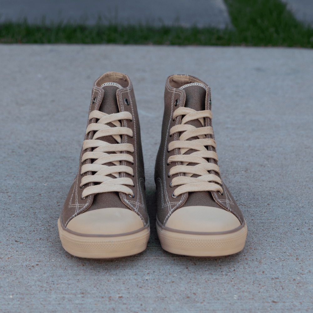 Billy Taupe High Top by Greenergrass. Front view.