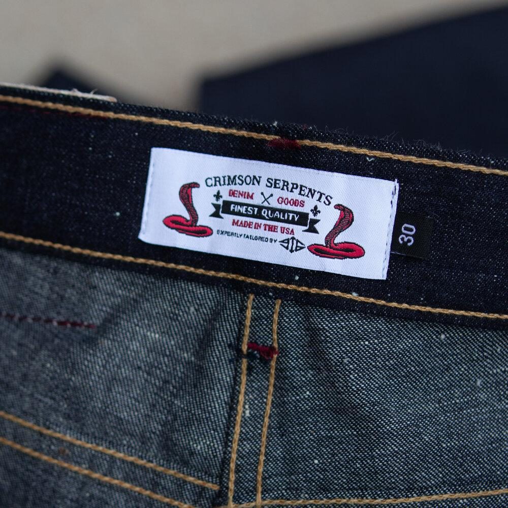 Adder Nep Selvedge Relaxed Tapered by Crimson Serpents Denim Goods. Waistband Label View.