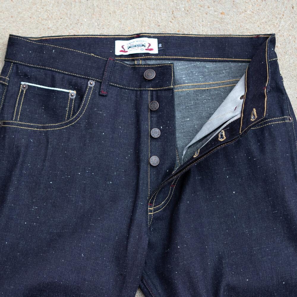 Adder Nep Selvedge Relaxed Tapered by Crimson Serpents Denim Goods. Button-fly View.
