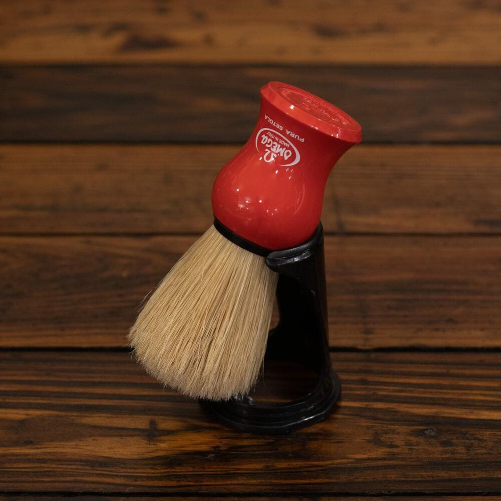 Omega Shaving Products. Brush and Shave Cream Set. Brush and Stand View.