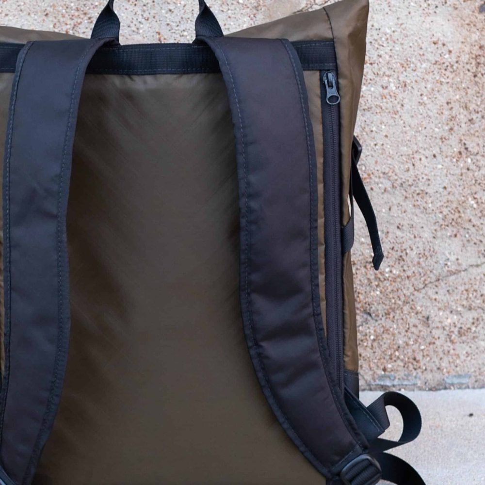 Commuter Center-zip Backpack in Olive by Flowfold. Straps View.