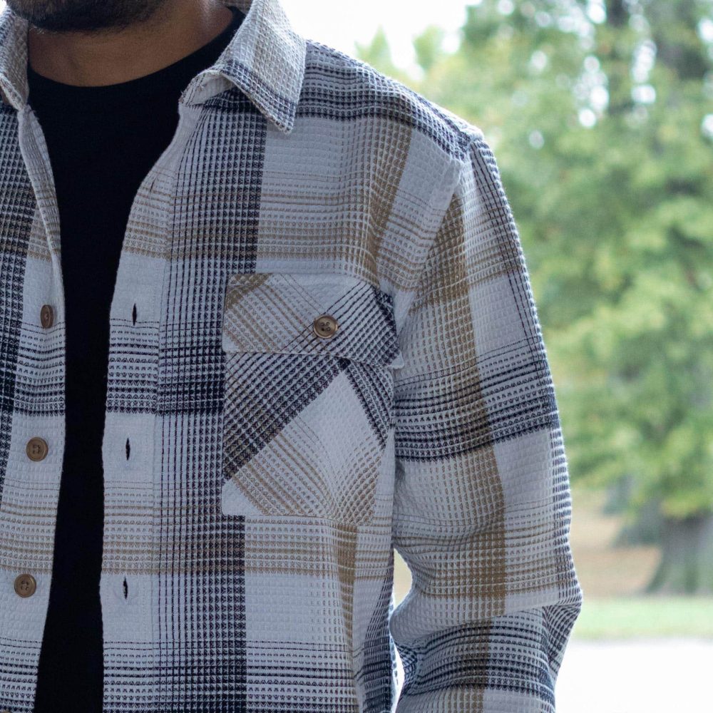 Stonebridge Shirt Jacket by Vustra. Pattern close-up view.